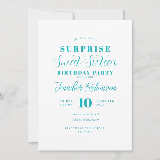 Invitation Simple Turquoise Photo SURPRISE Sweet 16 (Devant)