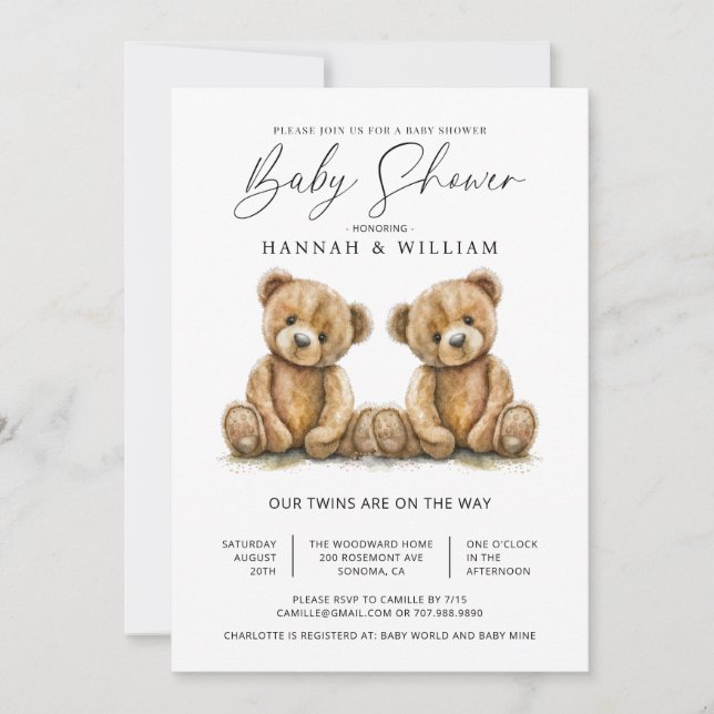 Invitation Simple Twins Aquarelle Petits ours Baby shower (Devant)