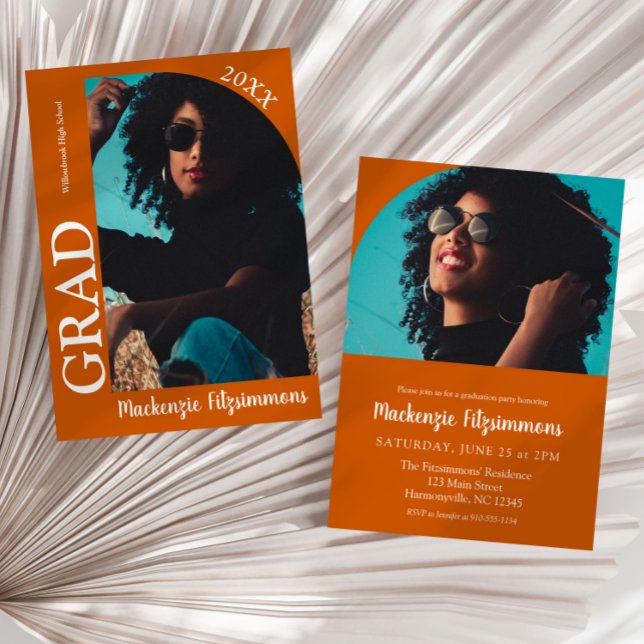 Invitation Simple Typographie Arch Photo Graduation Invitatio (Burnt orange Simple Typography Arch Photo Graduation Invitation)