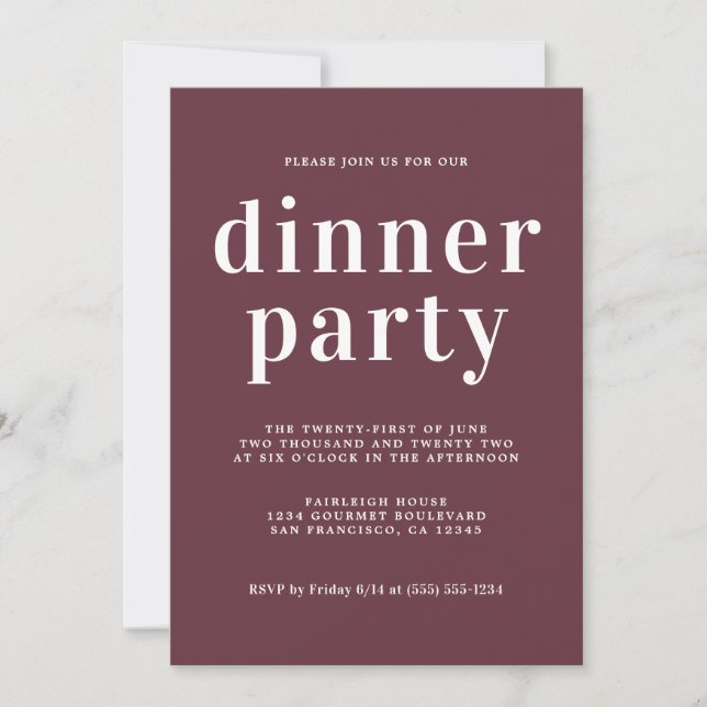 Invitation Simple Typographie Chic Burgundy Diner Party (Devant)