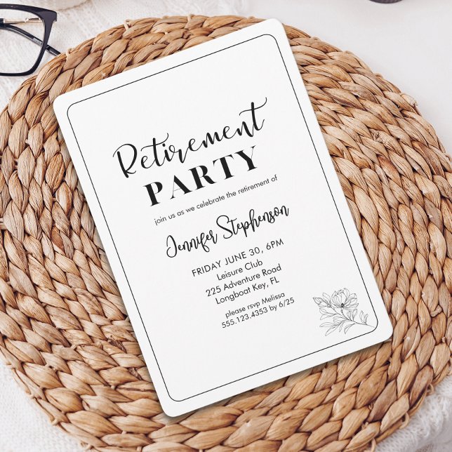 Invitation Simple Typographie Florale Élégante pour une Fête  (Simple Elegant Floral Typography Retirement Party Invitation)