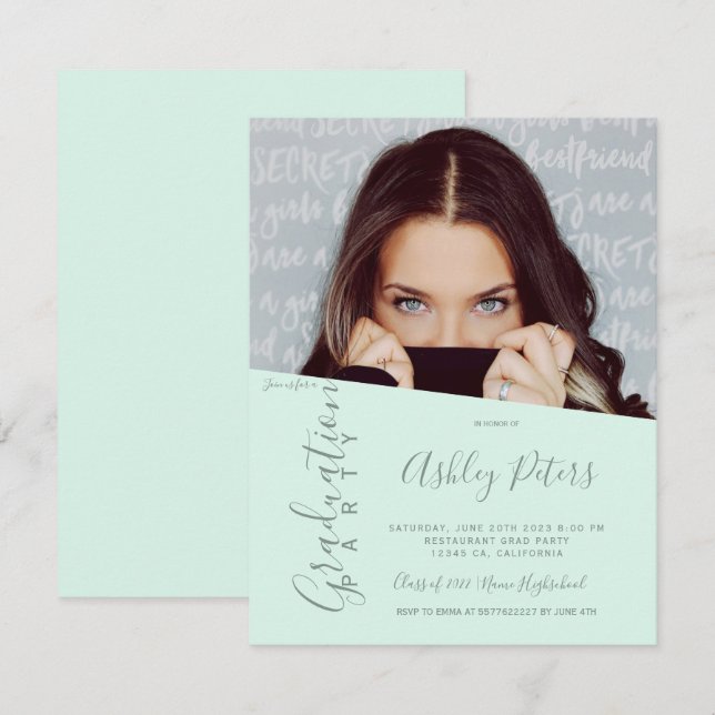 Invitation Simple typography mint green cool photo graduation (Devant / Derrière)
