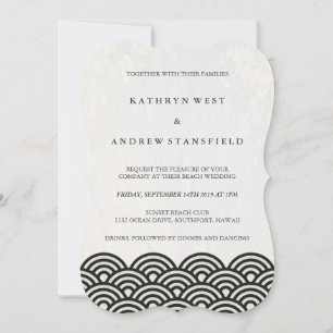 Invitation Simple Vagues Modernes Noir + Blanc Plage Mariage