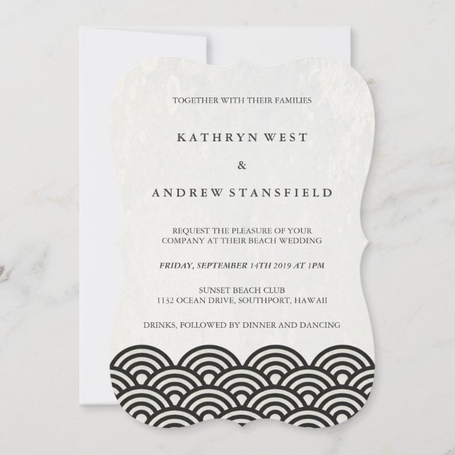 Invitation Simple Vagues Modernes Noir + Blanc Plage Mariage (Devant)