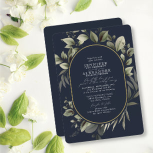 Invitation Simple verdure Eucalyptus Dark Navy Mariage or
