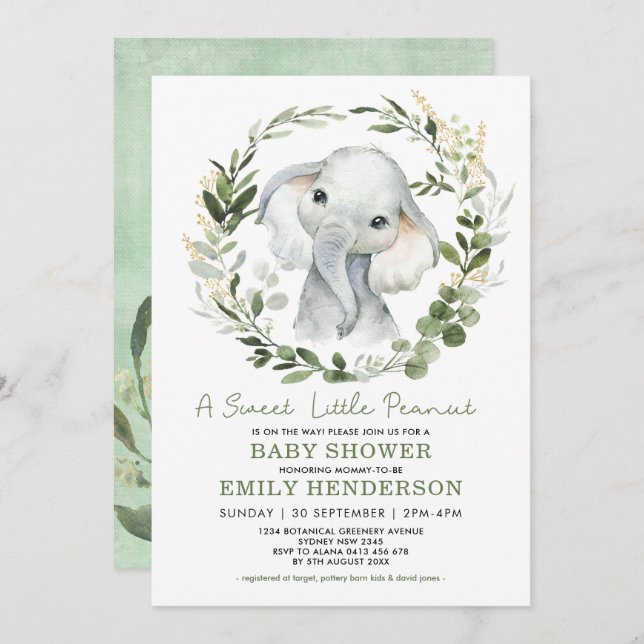 Invitation Simple verdure or Elephant Baby shower Sprinkle (Devant / Derrière)