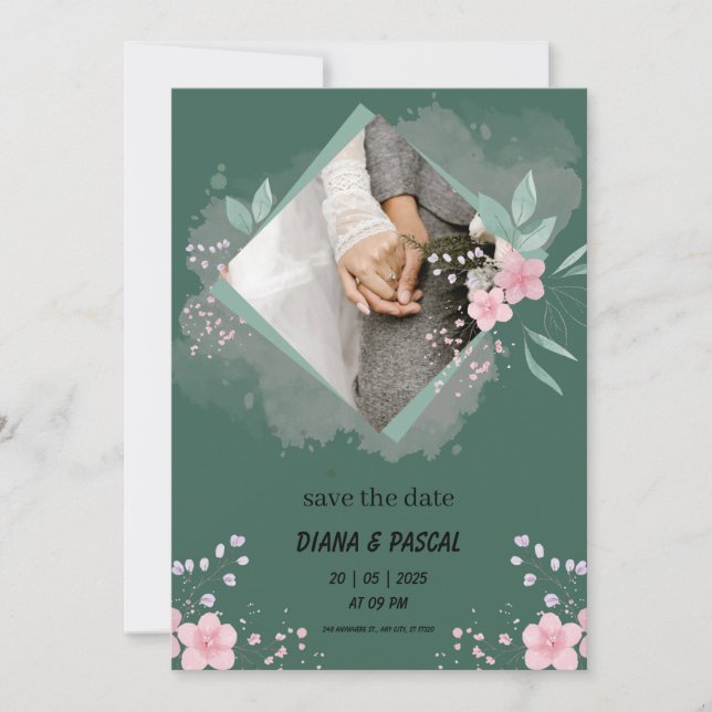 Invitation Simple Vert et Rose Enregistrer la Date (Devant)