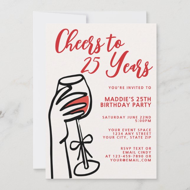 Invitation Simple vin rouge dessiné à la main pour 25e annive (Devant)