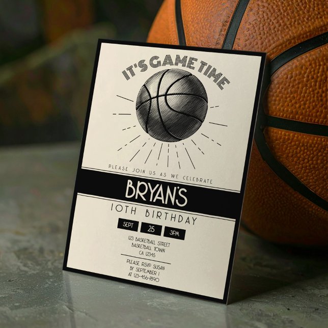 Invitation Simple Vintage Retro Black Basketball Anniversaire (Créateur téléchargé)