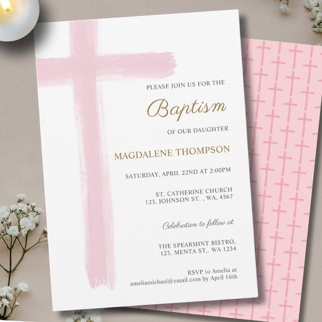 Invitation Simple Watercolor Pink Cross Girl Baptism (Créateur téléchargé)