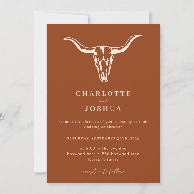 Invitation Simple Western BohCow crâne tout en un Mariage (Devant)