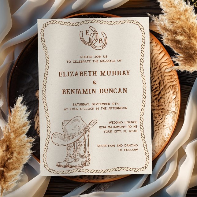 Invitation Simple Western Horseshoe Monogram Barn Mariage (Créateur téléchargé)