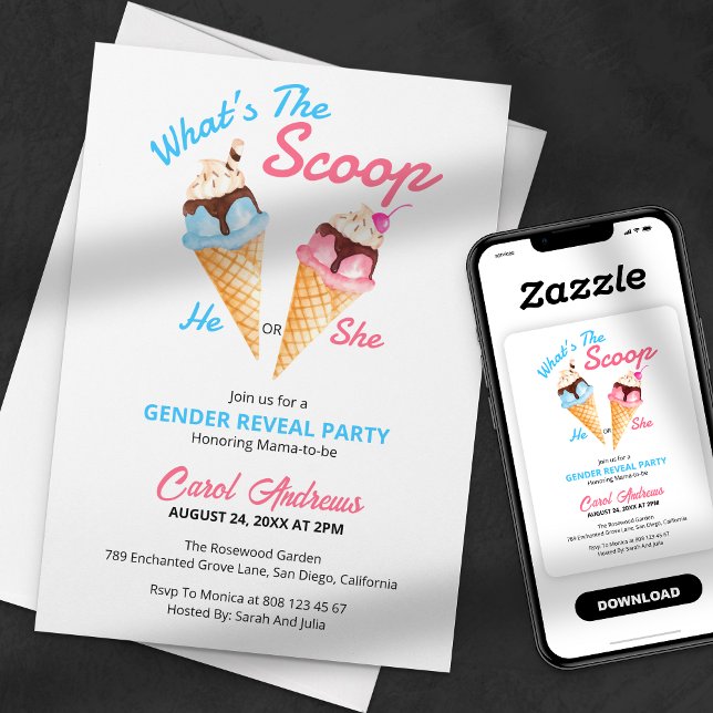 Invitation Simple What's The Scoop Gender Reveal Party (Créateur téléchargé)