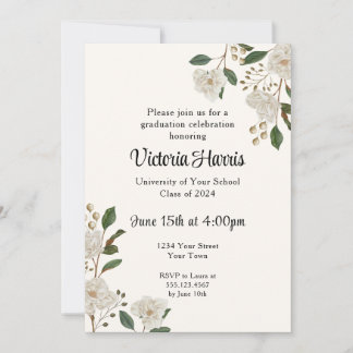 Invitation Simple White Floral Classe de Graduation Party