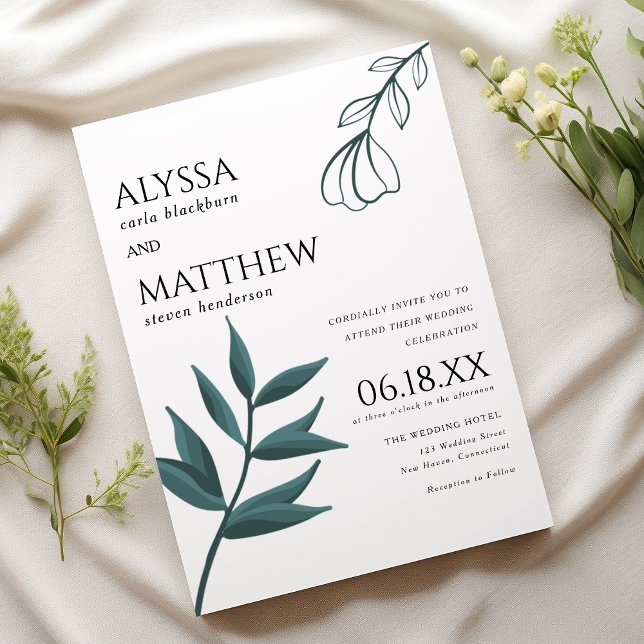 Invitation Simple white forest green foliage floral wedding  (Simple white forest green foliage floral wedding)