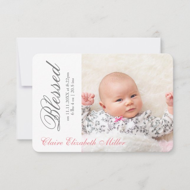Invitation Simplement Bénis Rose - Annonce de naissance 3x5 (Devant)