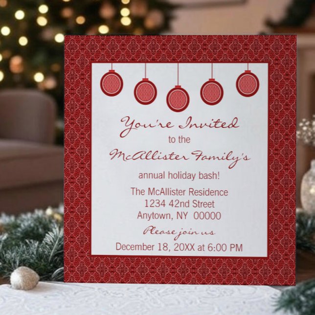 Invitation Simplement classique Damas Ornements Noël Rouge (Red Simply Classic Damask Ornaments Christmas Party Invitation)
