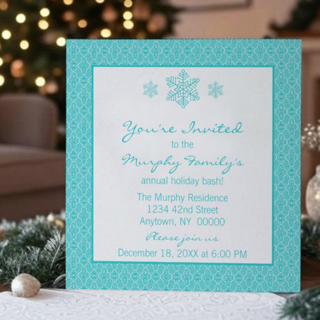 Invitation Simplement classique Damask Snowflakes Noël | Sarc (Teal Simply Classic Damask Snowflakes Christmas Party Invitation)