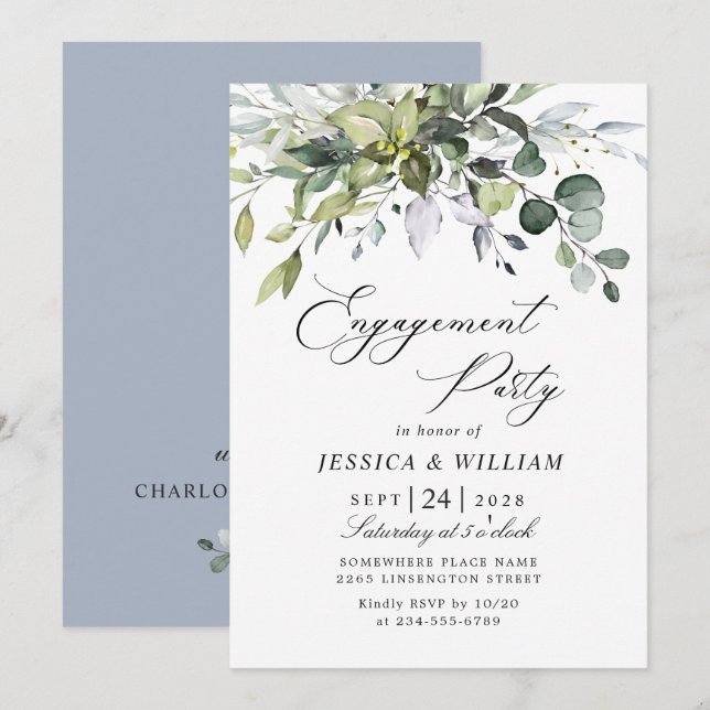 Invitation Simplement Elegant Eucalyptus ENGAGEMENT PARTI (Devant / Derrière)