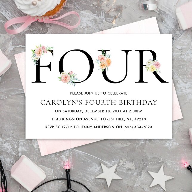 Invitation Simplement Élégant Floral QUATRE 4ème Anniversaire (Créateur téléchargé)