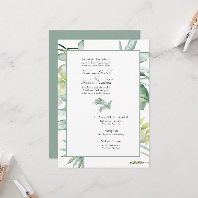 Invitation Simplement Élégant Mariage Tropical Palmier Sage (Devant/Arrière en situation)