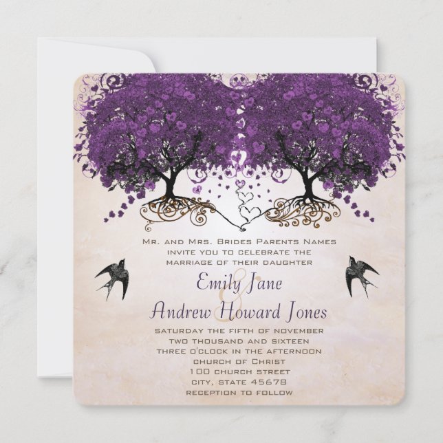 Invitation Simplement Peachy Purple Vintage Heart Leaf Arbre (Devant)