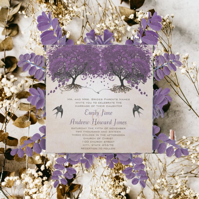 Invitation Simplement Peachy Purple Vintage Heart Leaf Arbre (Créateur téléchargé)