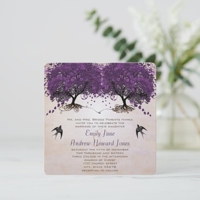 Invitation Simplement Peachy Purple Vintage Heart Leaf Arbre (Debout devant)