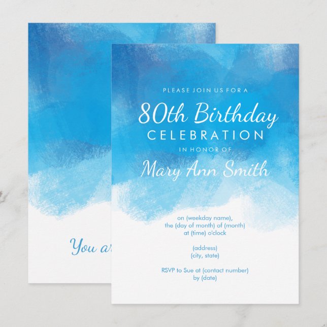 Invitation Simples 80e anniversaire Couleur d'eau bleue (Devant / Derrière)