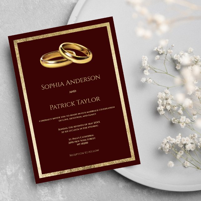 Invitation Simples élégantes anneaux d'or bordeaux Mariage (Simple elegant burgundy gold rings Wedding )