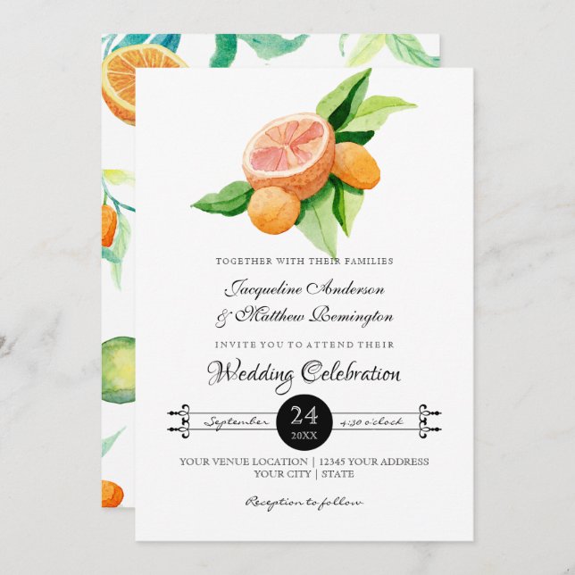 Invitation Simples feuilles de typographie d'orange Citrus Ku