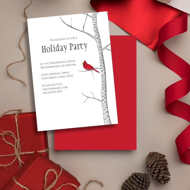 Invitation Simples Vacances Hiver Red Cardinal Birsier (Simple Holiday Party invitation with a winter woodland red cardinal bird.)