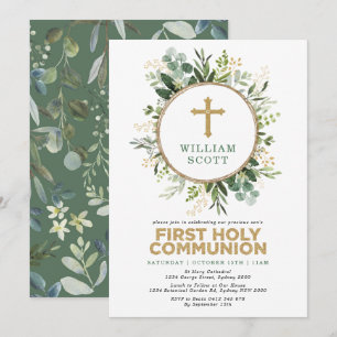 Invitation Simples verdure Or Feuilles Première Communion sai