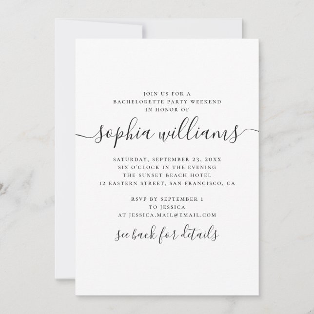 Invitation Simplicité calligraphie bachelortie week-end (Devant)