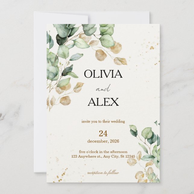 Invitation Simplicité de l'eucalyptus, verdure et or, mariage (Devant)