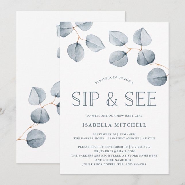 Invitation Simplicité d'Eucalyptus| Baby Sip and See (Devant / Derrière)