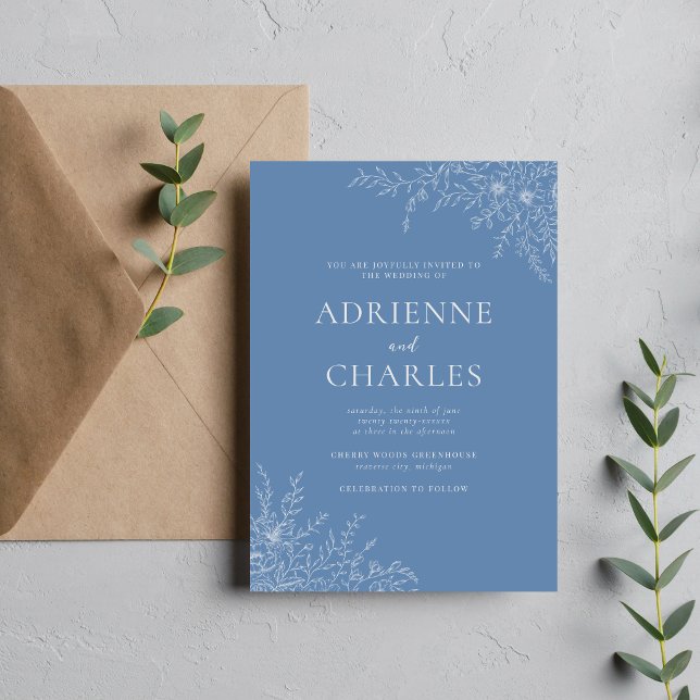 Invitation Simplicité Florale 1 Bleu Denim Mariage Minimalist (Créateur téléchargé)