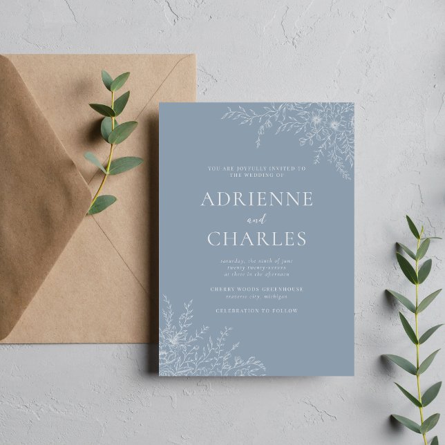 Invitation Simplicité Florale 1 Bleu Poussiéreux Mariage Mini (Créateur téléchargé)