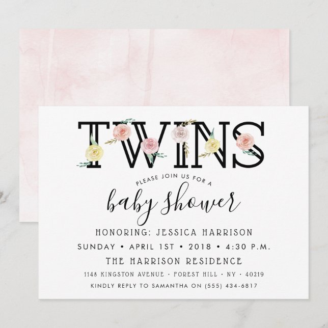 Invitation Simply Chic Floral Garden Baby shower Twins (Devant / Derrière)
