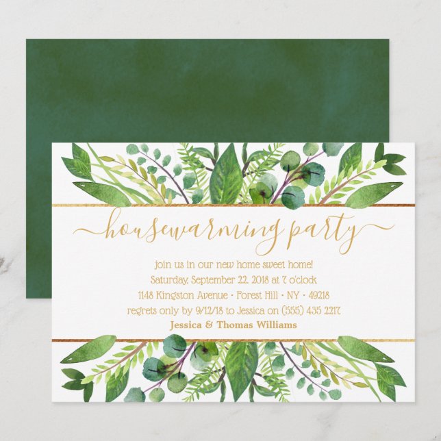 Invitation Simply Chic Green & Gold House Party (Devant / Derrière)