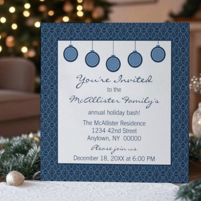 Invitation Simply Classic Damask Ornements Noël bleu (Blue Simply Classic Damask Ornaments Christmas Party Invitation)
