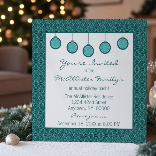 Invitation Simply Classic Damask Ornements Noël Turquoise (Teal Simply Classic Damask Ornaments Christmas Party Invitation)