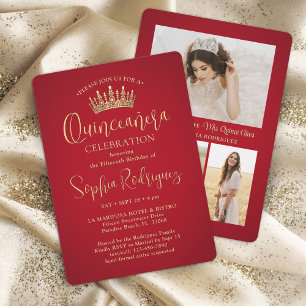 Invitation Simply Elegant Quinceañera 3 Photo Rouge et Or