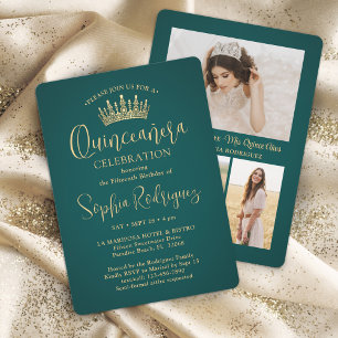 Invitation Simply Elegant Quinceañera 3 Photo Vert et Or