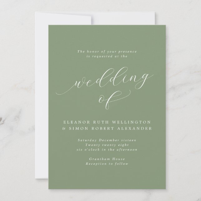 Invitation Simply Elegant Sage Green Calligraphy Mariage (Devant)
