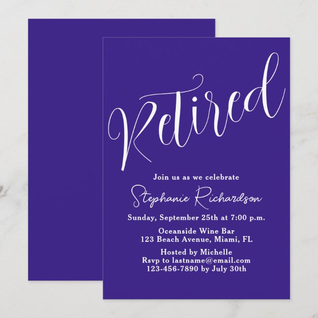 Invitation Simply Modern Script Dark Purple Retirement (Devant / Derrière)
