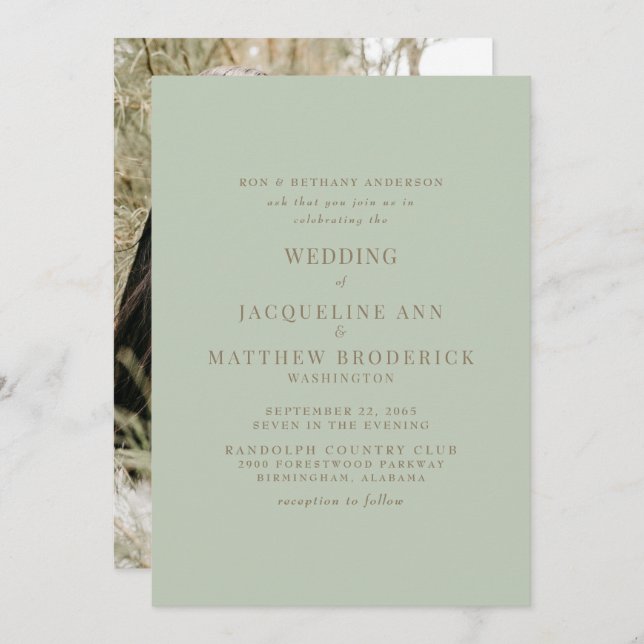 Invitation Simply Sage Photo Gold Mariage texte (Devant / Derrière)