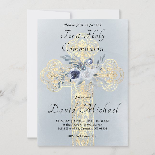 Invitation simulé feuille d'or Sainte Croix Première communio (Devant)