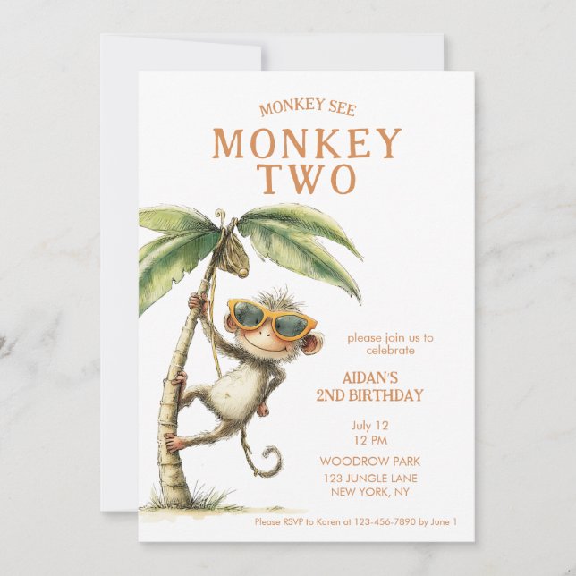 Invitation Singe Deux Deuxième Anniversaire (Devant)