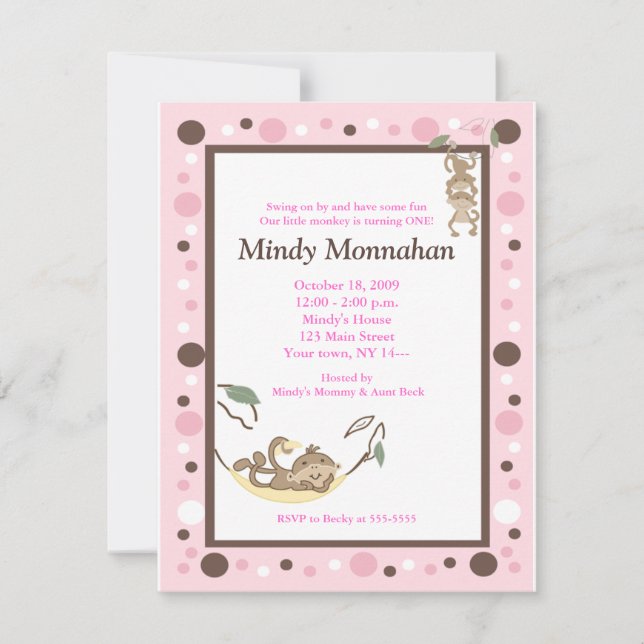 Invitation Singe rose Brown Fille tendance Anniversaire 4,25  (Devant)